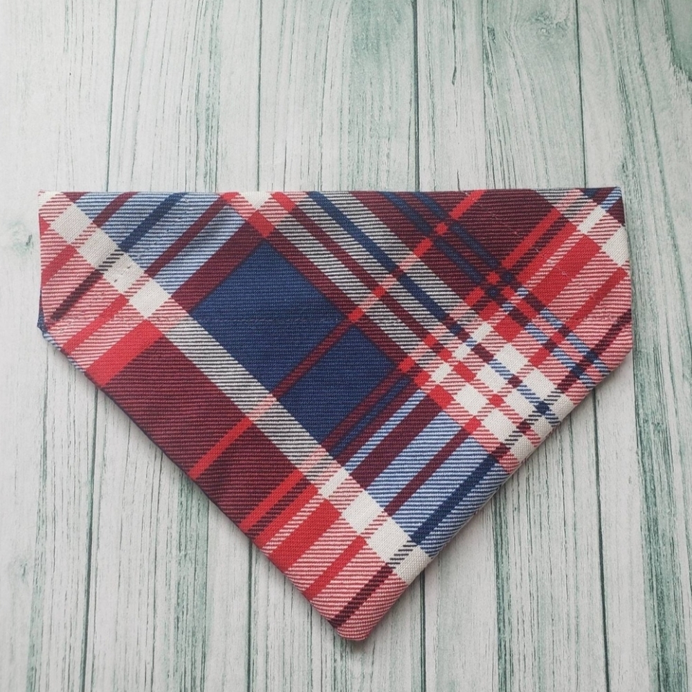 Red and Blue Plaid Cat Bandana - Over The Collar Bandana - Small Dog Bandana